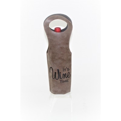 9165B- BROWN WINE BOTTLE CARRIER WITH  (IT'S WINE TIME) MONOGRAMMED 